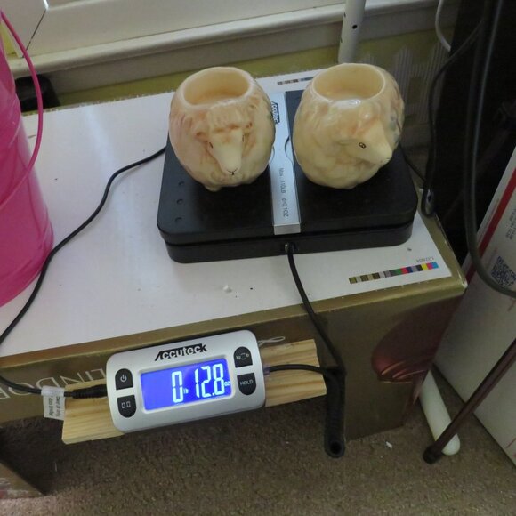 Tan Sheep Lamb (2) Tea Light Holders w Tree design on side Has Crazing Ceramic - Picture 15 of 15